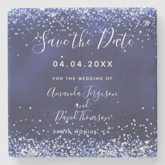 Hochzeitsmarineblau-Glitzer Save the Date Steinuntersetzer (Vorderseite)