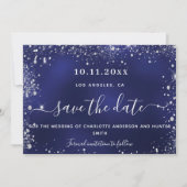Hochzeitsmarineblau-Silberblauer Glitzer QR-Code Save The Date (Vorderseite)