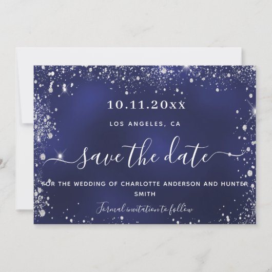 Hochzeitsmarineblau-Silberblauer Glitzer QR-Code Save The Date (Vorderseite)