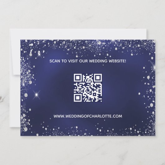 Hochzeitsmarineblau-Silberblauer Glitzer QR-Code Save The Date (Rückseite)