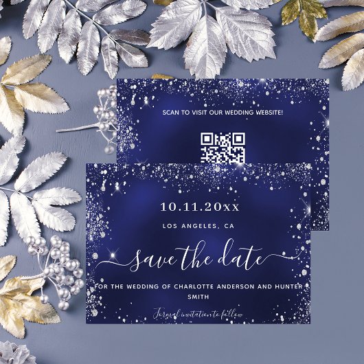 Hochzeitsmarineblau-Silberblauer Glitzer QR-Code Save The Date