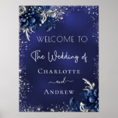 Hochzeitsmarineblau, silberner Glitzer Blume willk Poster (Vorne)