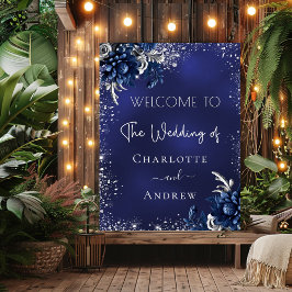 Hochzeitsmarineblau, silberner Glitzer Blume willk Poster