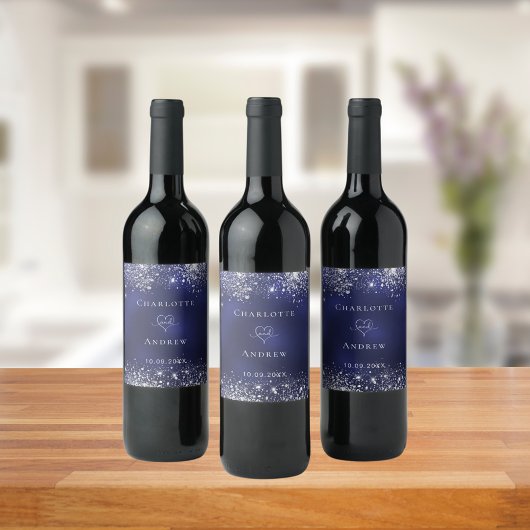 Hochzeitsmarinebrüdchen Silberblauer Glitzer Weinetikett