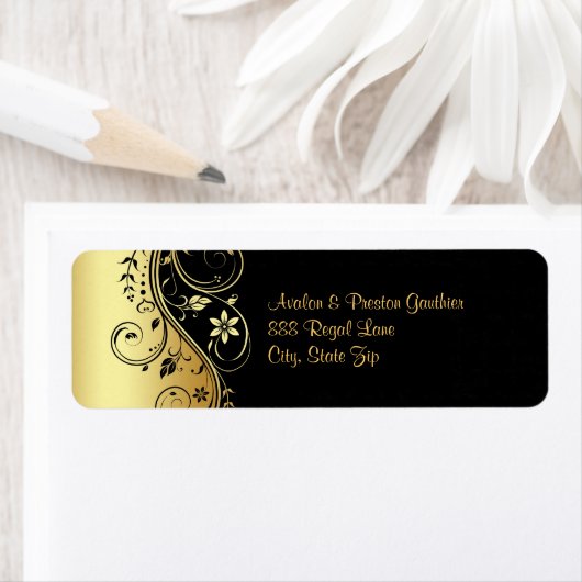 Hochzeitsmarke Gold & Black Floral Scroll (Insitu)