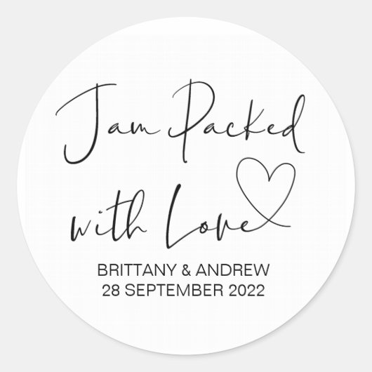 Hochzeitsmarmelade Jar Gefallen Jam verpackt mit L Runder Aufkleber (Vorderseite)