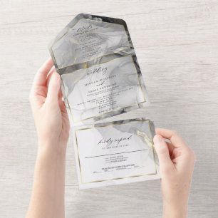Hochzeitsmarmor Schwarz Gold Alkohol Tinte All In  One Einladung
