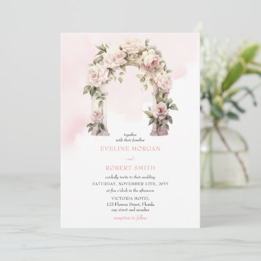 Hochzeitsmarsch in Weiß und Rosen Einladung (Stehend Vorderseite)