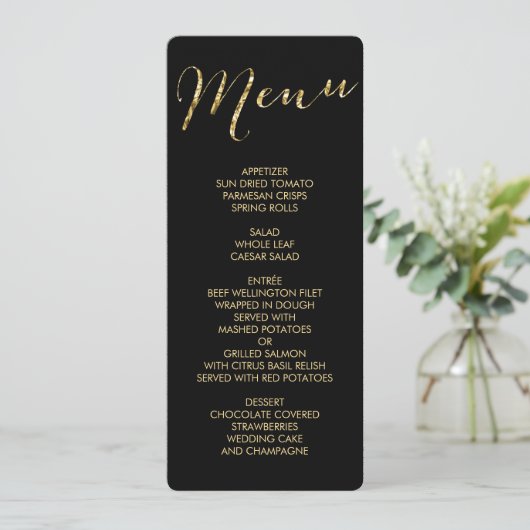 Hochzeitsmenü am Runden Schwarz-Gold-Foil Menükarte (Stehend Vorderseite)