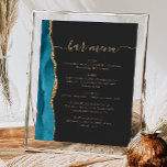 Hochzeitsmenü Aquamarines blaues Gold Agate Dark Poster<br><div class="desc">Ein elegantes Zeichen für Ihr Hochzeitsmenü. Die Wörter "Bar menu" werden in goldfarbener Handschriftenkalligrafie mit Swashes am Anfang und Ende angezeigt, darunter mit anpassbarem Text. Ein aquamarines blaues Aquarelldesign mit goldfarbenem Imitat-Glitzer schmückt den links Rahmen auf einem schwarzen Tonschiefer-Hintergrund. In unserer Kollektion finden Sie die passende Hochzeitseinladung und das Tagesgeschäft....</div>