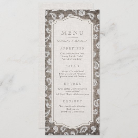 Hochzeitsmenü auf rustikalem Land Menükarte (Vorne/Hinten)