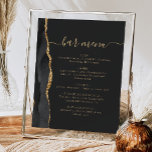 Hochzeitsmenü Bar Black Gold Agate Dark Poster<br><div class="desc">Ein elegantes Zeichen für Ihr Hochzeitsmenü. Die Wörter "Bar menu" werden in goldfarbener Handschriftenkalligrafie mit Swashes am Anfang und Ende angezeigt,  darunter mit anpassbarem Text. Ein schwarzes Aquarelldesign mit vergoldetem Imitat-Glitzer schmückt den links Rahmen auf einem schwarzen Tonschiefer. In unserer Kollektion finden Sie die passende Hochzeitseinladung und das Tagesgeschäft.</div>