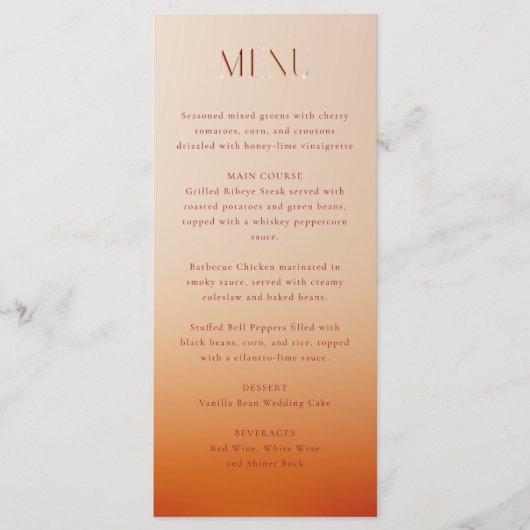 Hochzeitsmenü bei Sonnenuntergang Menükarte (Vorderseite)