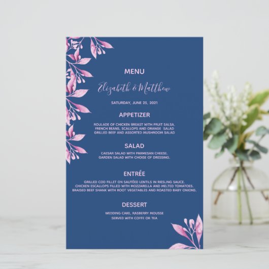 Hochzeitsmenü: Blaue Rosa Blüten (Stehend Vorderseite)