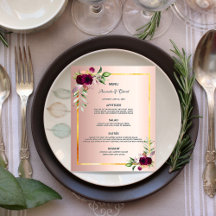Hochzeitsmenü Blumen Rosen Gold Burgunder Budget