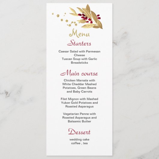 Hochzeitsmenü Bordeaux & Gold Menükarte (Vorderseite)
