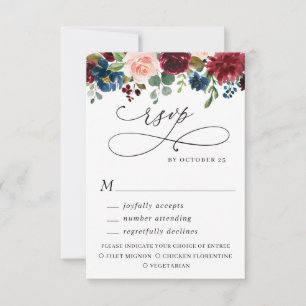 Hochzeitsmenü Burgund Navy Eukalyptus Rose RSVP Karte