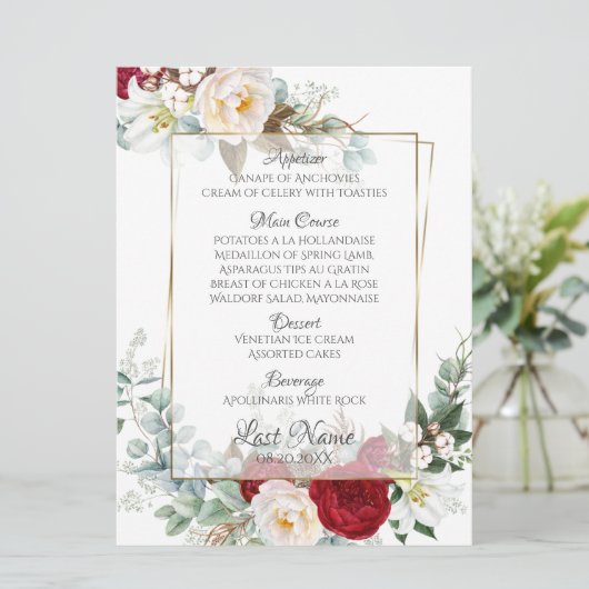 Hochzeitsmenü | Burgund und Elfenbein Menükarte (Stehend Vorderseite)