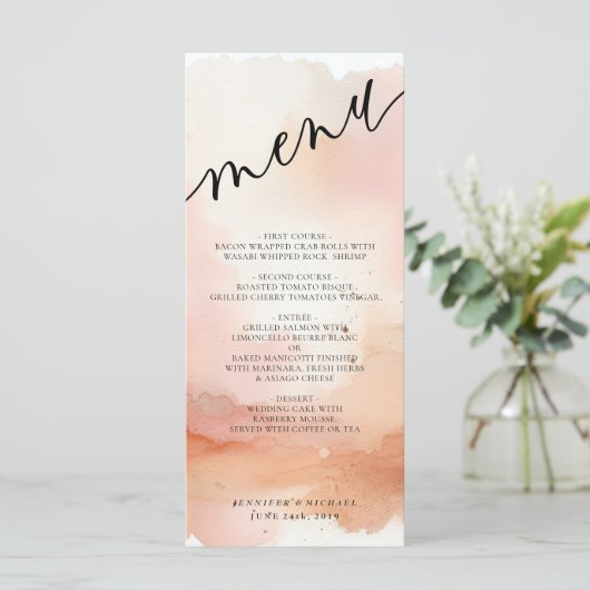 Hochzeitsmenü Cool RoseGold Wasserfarbe Menükarte (Stehend Vorderseite)