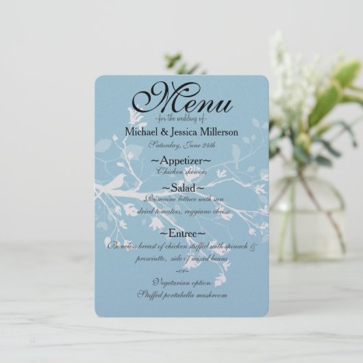 Hochzeitsmenü der Blue Bird Branches Menükarte (Stehend Vorderseite)