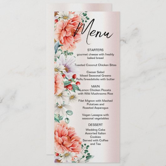 Hochzeitsmenü der Blume Watercolor Peony Menükarte (Vorne/Hinten)