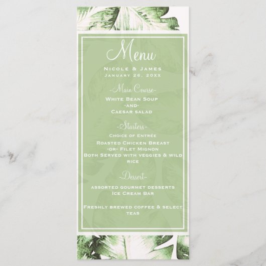 Hochzeitsmenü der eleganten White Green Tropical B Menükarte (Vorderseite)