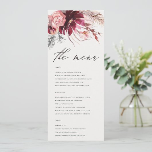 Hochzeitsmenü der grasbewachsenen Burgunder Blush Menükarte (Stehend Vorderseite)