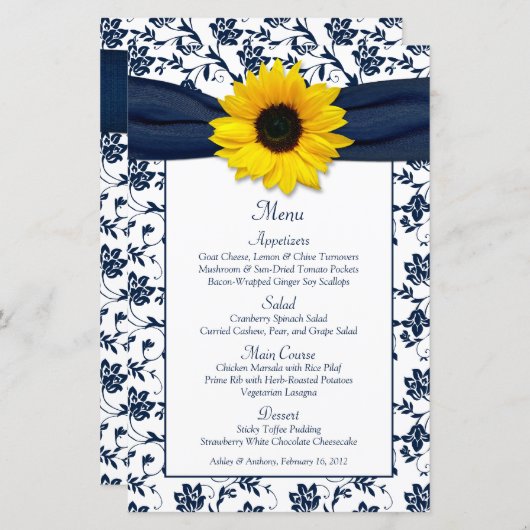 Hochzeitsmenü der Hochzeitskarte "Sonnenblume Navy (Vorne/Hinten)