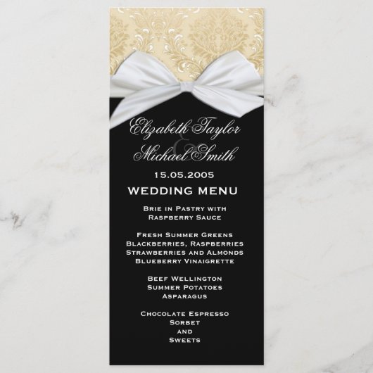 Hochzeitsmenü der Luxus Ribbon Black Gold Damask Menükarte (Vorderseite)
