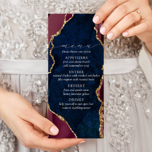 Hochzeitsmenü der Marine, Burgund & Gold Agate Werbekarte