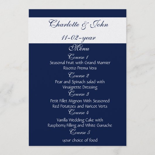 Hochzeitsmenü der Marine Menükarte (Vorderseite)