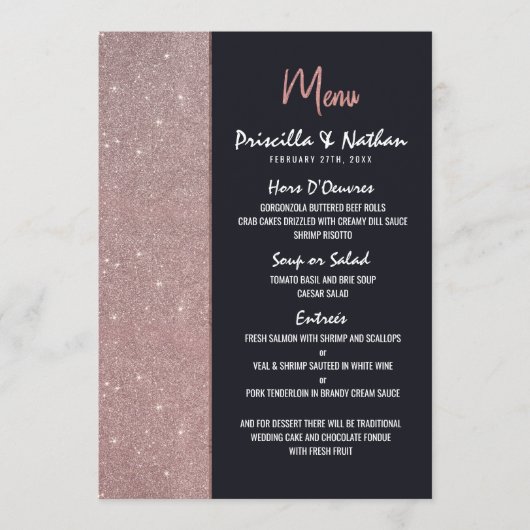 Hochzeitsmenü der Rose Gold Glitzer Menükarte (Vorderseite)