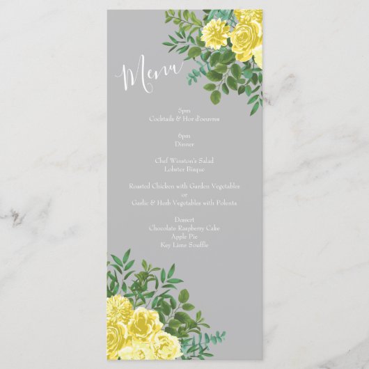 Hochzeitsmenü der Rose "Light Yellow & Gray Peony" Menükarte (Vorderseite)