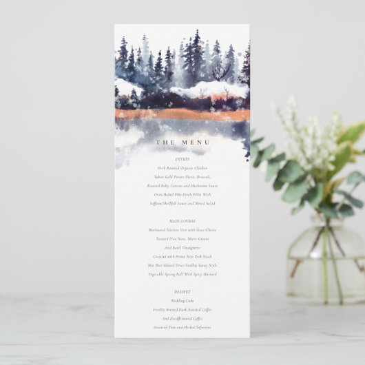 Hochzeitsmenü der Rust Navy Winter Pine Forest Sno Einladung (Stehend Vorderseite)