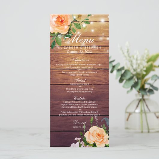 Hochzeitsmenü der rustikalen Holz-Rose Menükarte (Stehend Vorderseite)