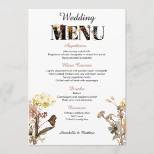Hochzeitsmenü der Wildblume Menükarte