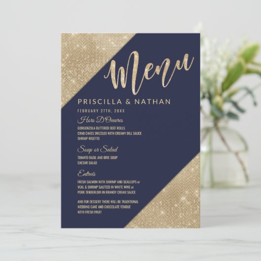 Hochzeitsmenü des Glitzer Sequin Gold Navy Blue Im Menükarte (Stehend Vorderseite)
