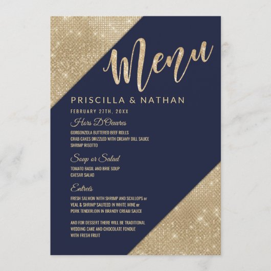 Hochzeitsmenü des Glitzer Sequin Gold Navy Blue Im Menükarte (Vorderseite)