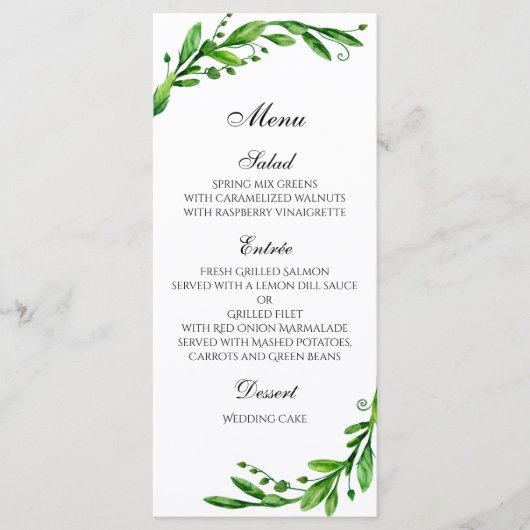 Hochzeitsmenü draußen. Speisekarte "Green Dinner" Menükarte (Vorderseite)