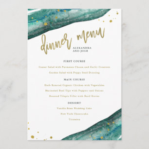 Hochzeitsmenü für Aquamarine Wasserfarben und Gold Menükarte