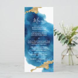 Hochzeitsmenü für Blaue und goldene Wasserfarbe Menükarte