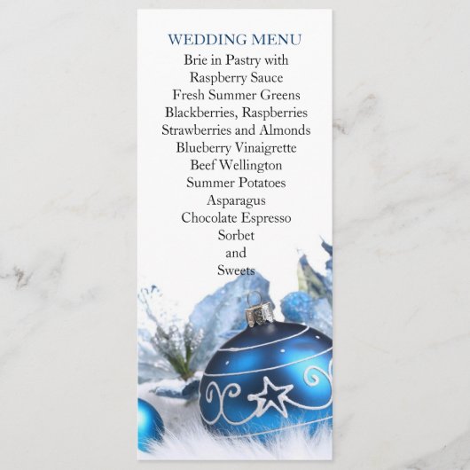 Hochzeitsmenü für den blauen Winter Menükarte (Vorderseite)