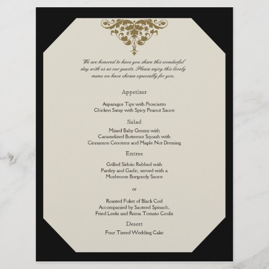 Hochzeitsmenü für Elfenbeinschwarz und Goldklemme (Vorderseite)