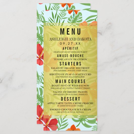 Hochzeitsmenü für Hibiskus und Palm-Blätter Menükarte (Vorne/Hinten)