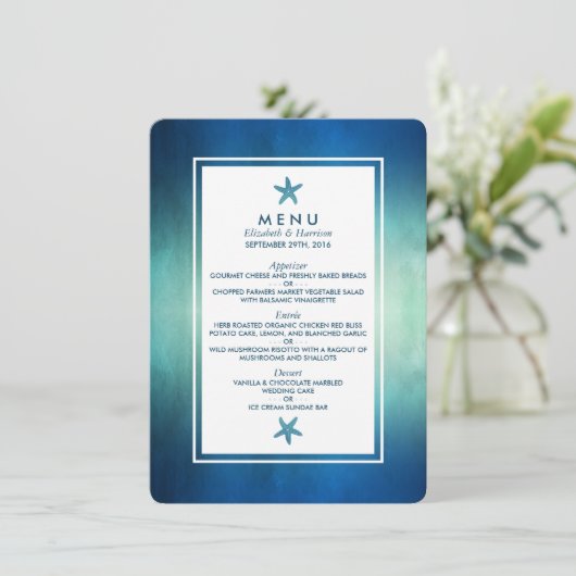 Hochzeitsmenü für Hochzeiten am Strand Menükarte (Stehend Vorderseite)