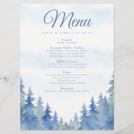 Hochzeitsmenü für hübsche Winterkiefern Menükarte (Vorderseite)