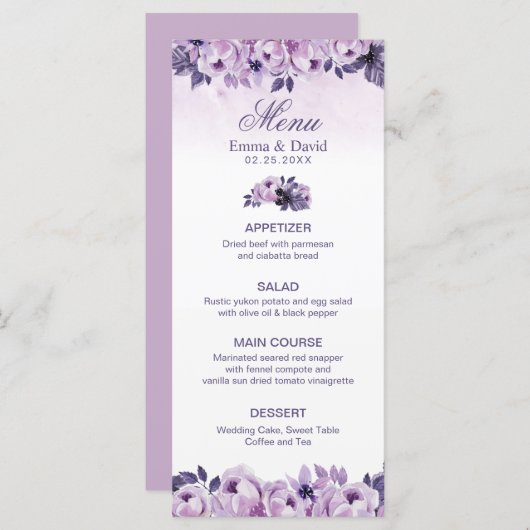 Hochzeitsmenü für Lila Blumenfrüchte Menükarte (Vorne/Hinten)