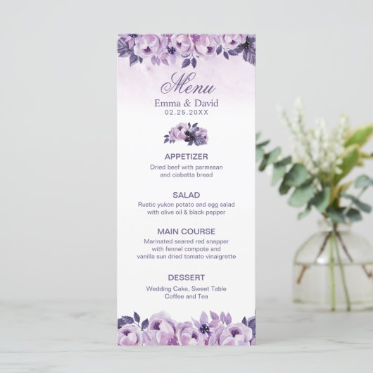 Hochzeitsmenü für Lila Blumenfrüchte Menükarte (Stehend Vorderseite)
