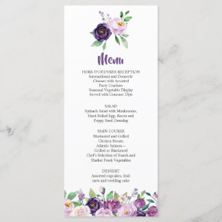 Hochzeitsmenü für lila Rose und Lavendel Menükarte