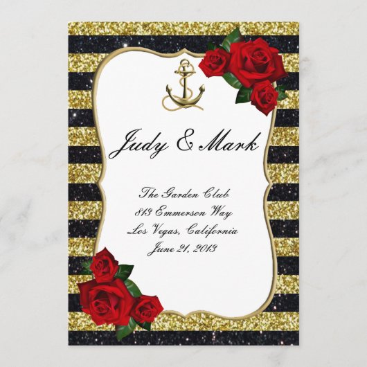 Hochzeitsmenü für Nautical Anchor Gold Black Strip Menükarte (Vorderseite)